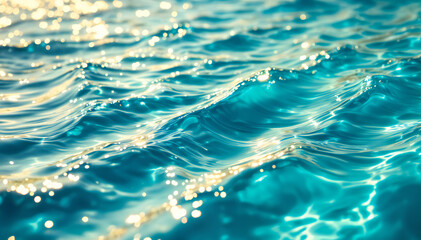 Fototapeta premium Clear turquoise water with gentle waves and sparkling reflections of light on the surface. The image captures the fluid motion and texture of the water, creating a vibrant and refreshing appearance, s