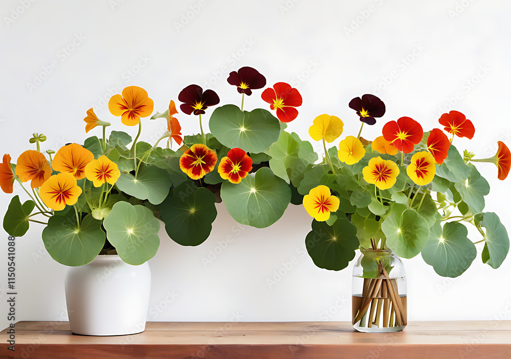 Poster nasturtiums on a wooden table with white background make a visually appealing arrangement with plent