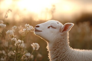 Obraz premium Cute lamb enjoying a sunny day, sniffing flowers in a peaceful meadow during golden hour light