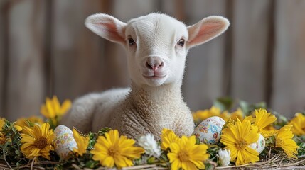 Fototapeta premium Adorable lamb with easter eggs and bright yellow flowers in rustic setting