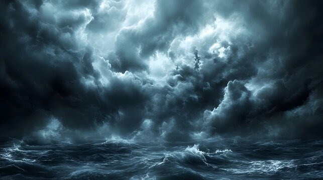 A dramatic sea texture showing the interplay of dark storm clouds reflected on turbulent waters with streaks of silver foam.