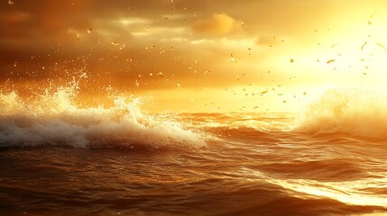 Golden sunrise over a rough ocean, with waves crashing and splashing.