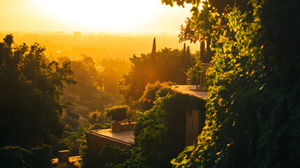 Fototapeta premium A dramatic sunset over the Hanging Gardens of Babylon with golden light streaming through lush vines and cascading terraces.