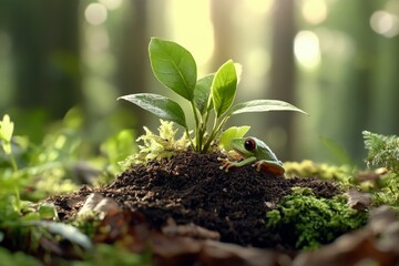 Red-eyed tree frog resting by a young plant in a vibrant forest during daylight