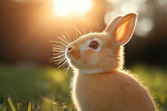 Rabbit enjoying the warm sunlight in a grassy field during golden hour