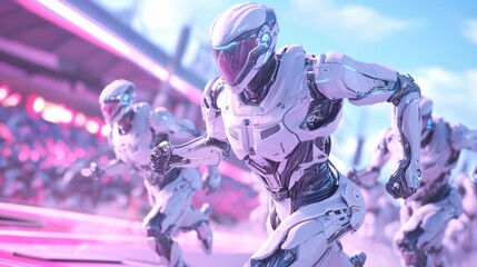 Obraz premium Futuristic Alien Athletes Competing in High-Tech Sports Arena with Energetic Crowd - Ultra-Detailed 3D Render Digital Artwork
