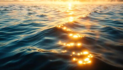 Sunlight reflecting off the surface of a calm ocean, creating a shimmering effect on the water. The scene captures gentle waves with a golden hue from the sunlight, suggesting either sunrise . 