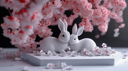 3D rendering of rabbits with golden and pink tones, surrounded by flowers and cherry blossoms, Eastern background