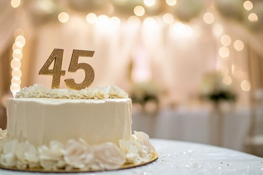 45th birthday cake adorned a gold accents. Birthday party. Blurred light festive background. Golden balloons. Forty five years, Forty-fifth anniversary. Celebration cake, golden candles. Numbers 45
