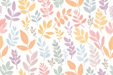 Vibrant botanical pattern featuring an assortment of colorful leaves and flowers on a light background