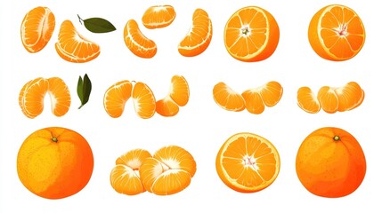 Fresh Mandarin Orange Compilation: Whole Fruits and Peeled Segments on Pristine White Background