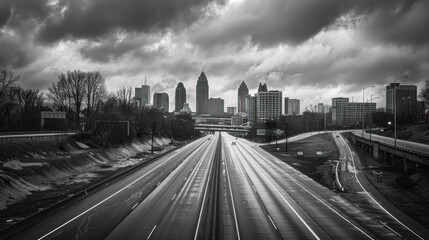 Fototapeta premium A grayscale cityscape panorama featuring a highway stretching into a city skyline, under a dramatic cloudy sky.