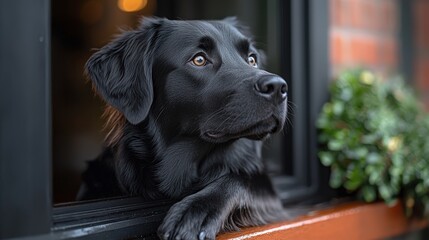 Curious black labrador retrieving gaze out the window with greenery