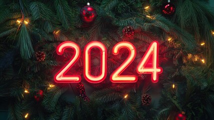 A vibrant "2024" neon sign glowing against a lush green wall of pine branches and holiday decor