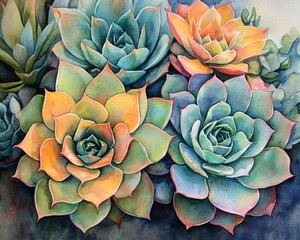 Obraz premium Whimsical Watercolor Depiction of Cacti and Succulents Surrounded by Lush Greenery
