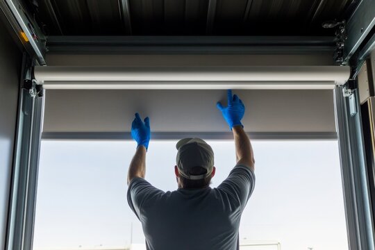 Motorized jalousie or blinds Measuring. Workman fixing, adjusting new plastic PVC window with white metal frame installing at modern house. Advertising. Typical installation of roller system on window - Powered by Adobe