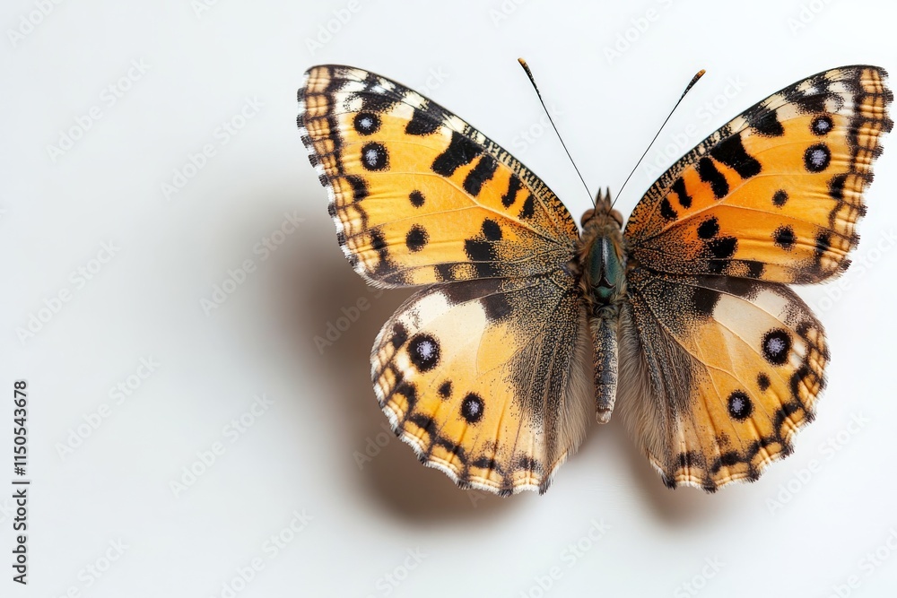 Poster butterfly with vibrant orange and black patterns resting on a light background showcasing its delica
