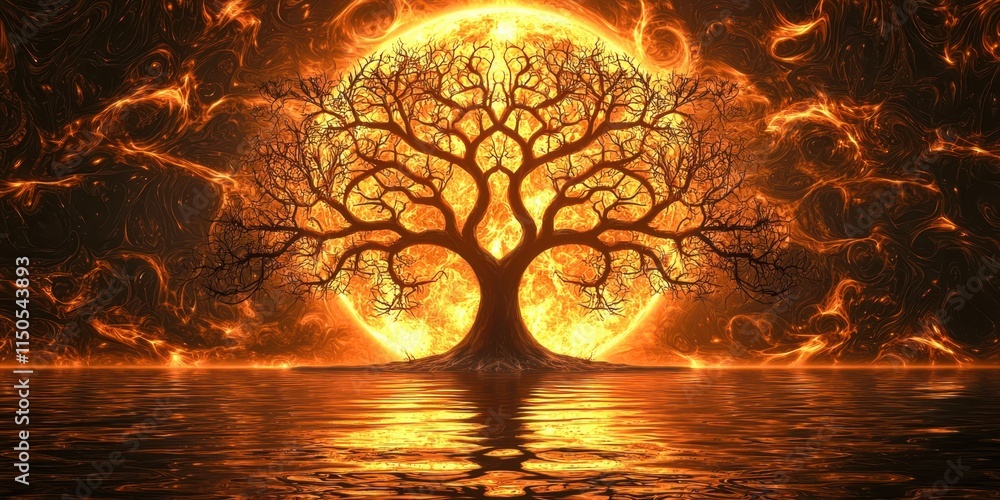 Poster tree is in the water with a large orange moon in the background