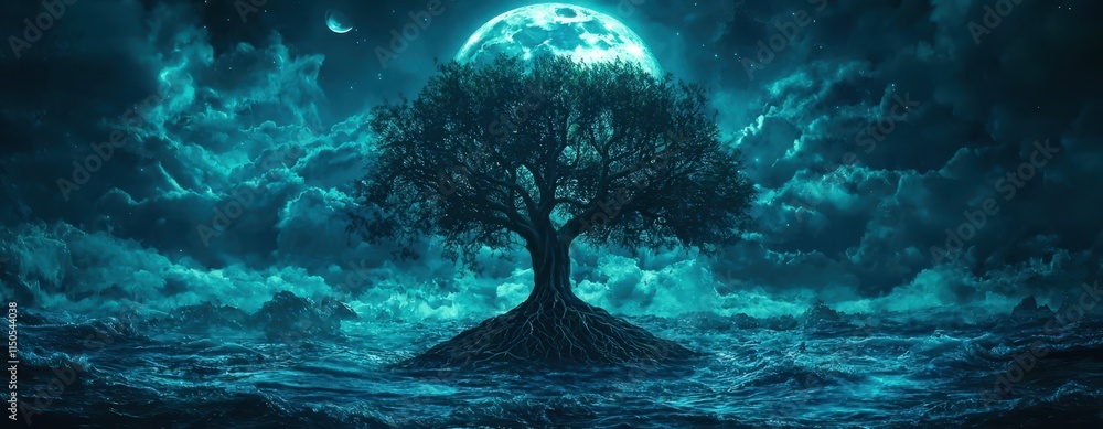 Poster tree is in the water with a full moon in the background