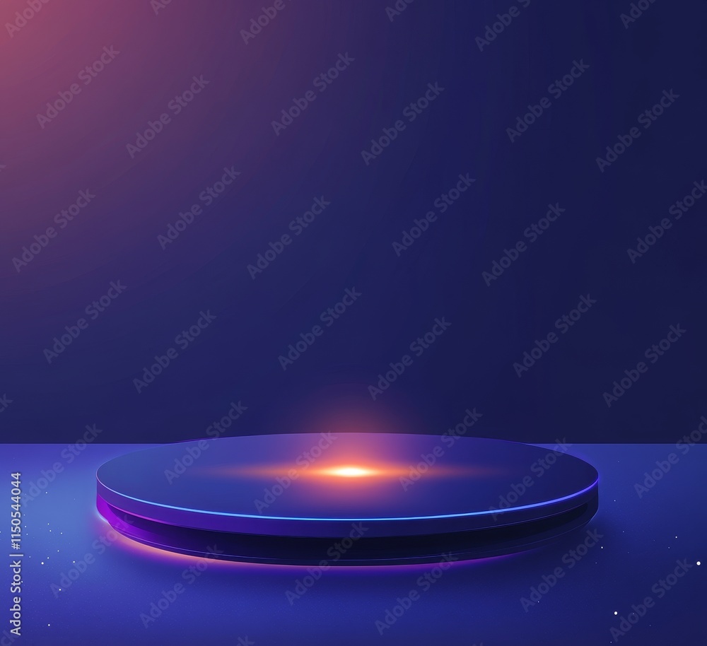 Poster round platform illuminated by soft lighting against a deep blue background creating a tranquil and m