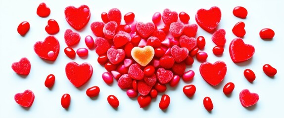 Red hearts, heart-shaped candies, Valentine's Day, love symbol, romantic composition, white background, heart cluster, vibrant red, heart pile, candy hearts, glossy hearts, festive, passion, affection