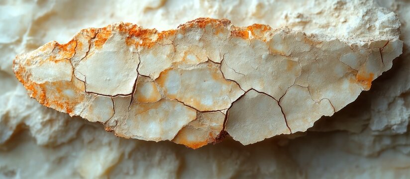Close-up of cracked white and orange mineral rock formation.