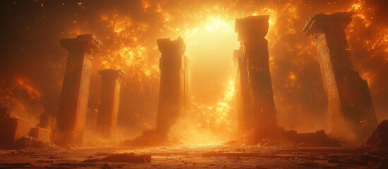 Ruined pillars in a fiery apocalyptic landscape.