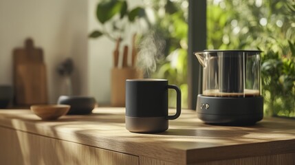 A steaming mug sits beside a modern coffee maker on a wooden countertop with greenery.