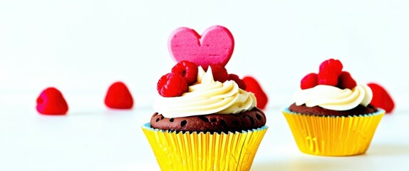 Chocolate cupcake, yellow paper liner, pink frosting, red heart-shaped candies, white background, macro photography, vibrant colors, minimalist composition, Valentine's Day theme, dessert photography,