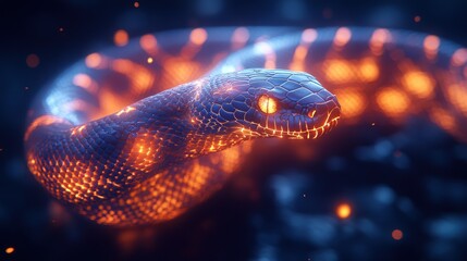 A glowing, digital representation of a snake with vibrant, illuminated scales.