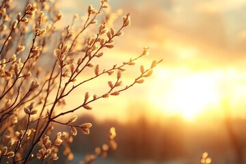 Beautiful sunrise illuminating soft flowers on a branch in a tranquil landscape during early spring