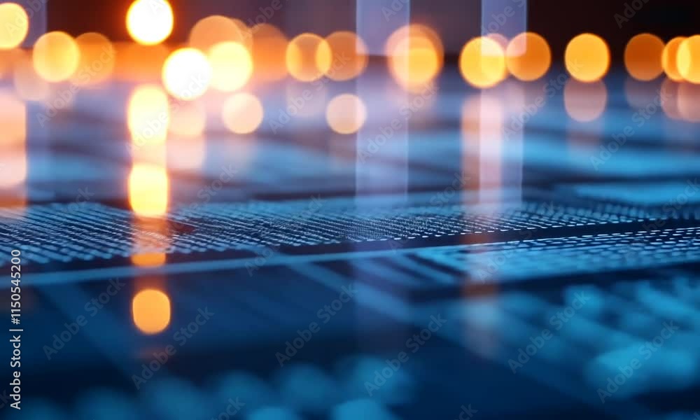 Poster blurred code lines with bokeh lights on reflective surface.