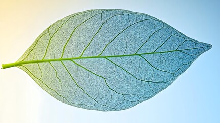 A translucent leaf, light blue and green veins, pale background.

