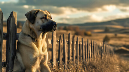 A powerful Kangal dog sitting alertly by a wooden fence, its muscular frame and calm gaze exuding confidence, with a rural Anatolian landscape in the background.