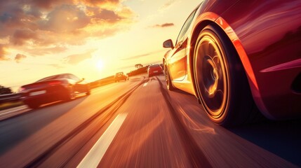 Red sports car leading a highway traffic at sunset.
