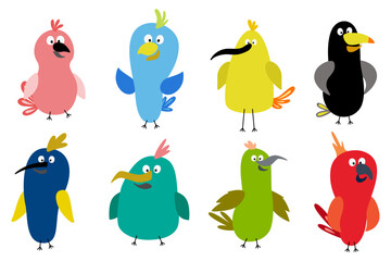 Funny birds. Cartoon colorful sparrow characters, happy flying animals with colorful wings and beaks