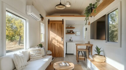 Modern tiny house interior with white walls, wooden accents, and natural light.