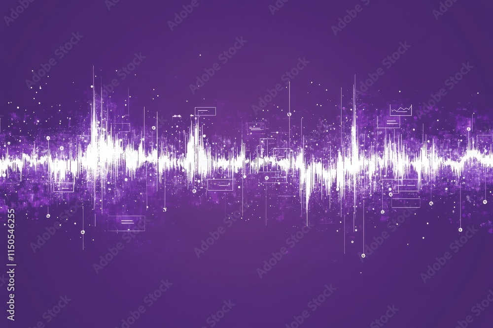Poster vibrant sound wave graphic in purple displaying audio frequencies and data visualization elements in