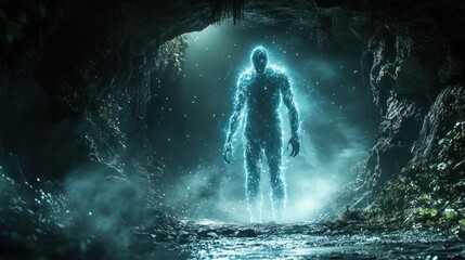 Obraz premium A glowing, ethereal figure stands in a dark cave, illuminated by soft light and mist.