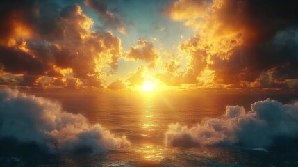 Obraz premium Dramatic sunset over ocean with clouds.