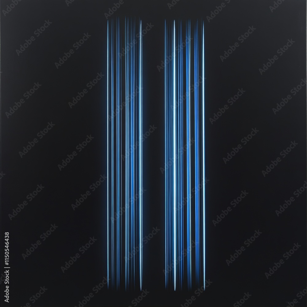 Poster vertical blue lines create a striking visual contrast against a deep black background in this artist