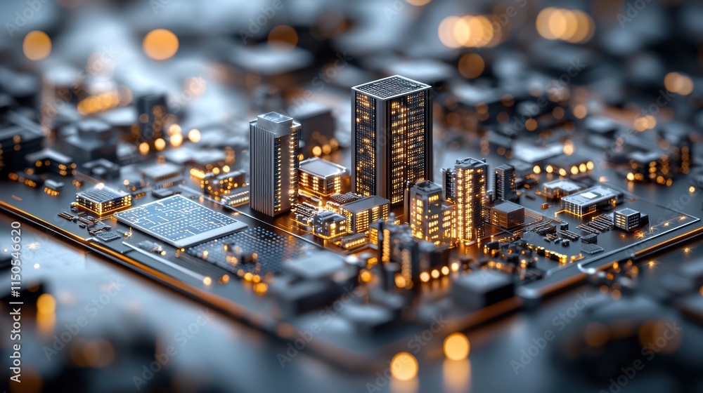 Aufkleber miniature cityscape on a computer motherboard with glowing circuit lights. high-tech representation 