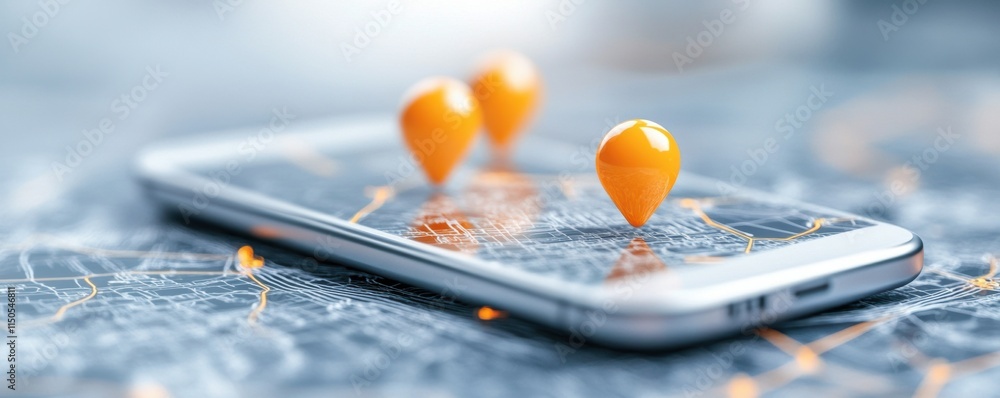 Poster mobile phone with orange location pins on a digital map. concept of gps navigation, geolocation, and