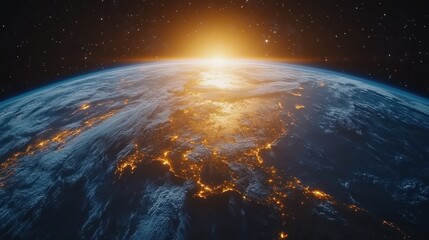Fototapeta premium Earth sunrise from space, with illuminated continents.
