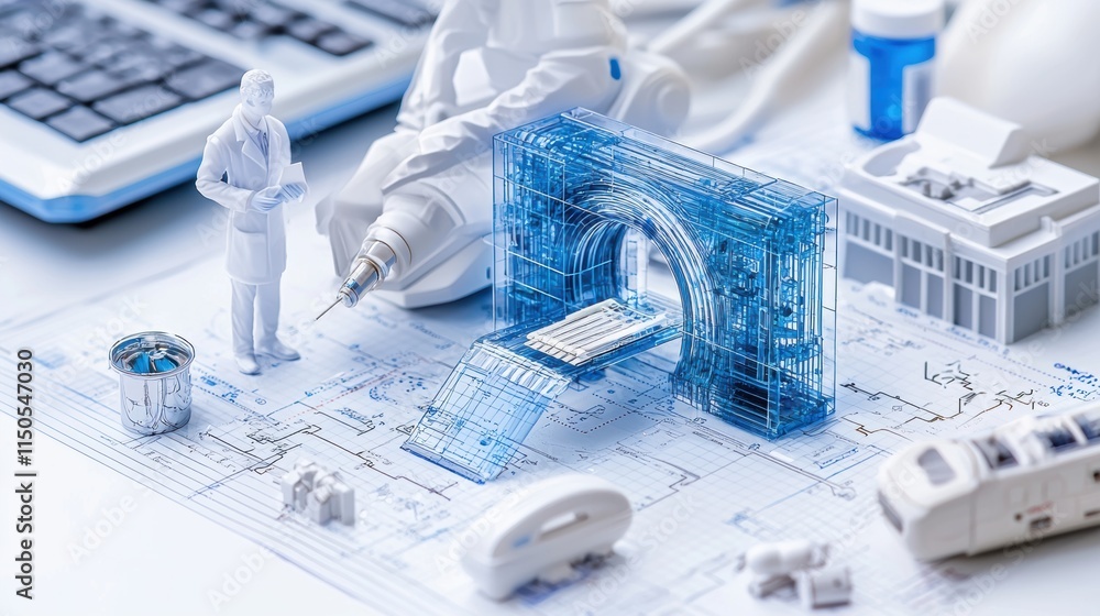 Aufkleber architectural model and blueprints with a futuristic 3d structure and miniatures. engineering and de