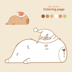 Cute Christmas sleeping Capybara in Santa hat. Outline Funny cartoon relaxed character animal. Color and Line drawing, coloring book. Vector illustration. Kids collection