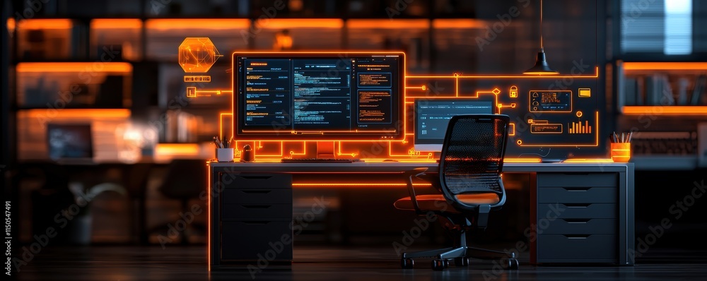 Aufkleber modern workstation with multiple monitors and holographic interface in a dimly lit office
