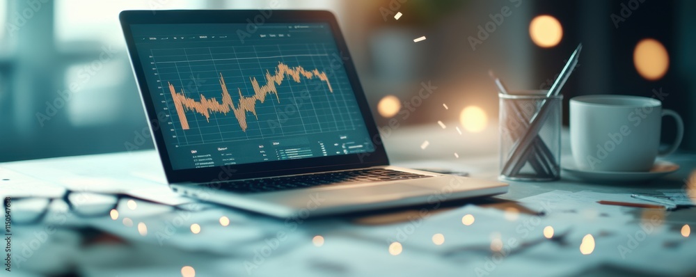 Aufkleber laptop displaying financial graph with orange lines on a desk surrounded by office items. bokeh ligh
