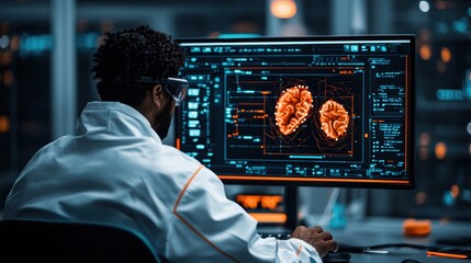 Scientist analyzing 3D brain scan data on a computer screen in a laboratory