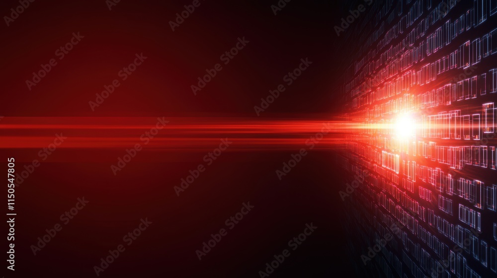 Poster red laser light beam emitting from a digital grid on a dark background. futuristic technology and da